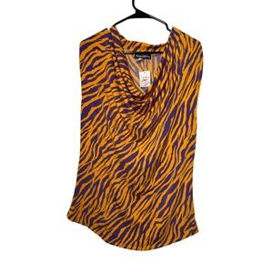 Ronnie Salloway Cowl Neck Tiger Stripe Top XL Orange Purple NEW Animal Print